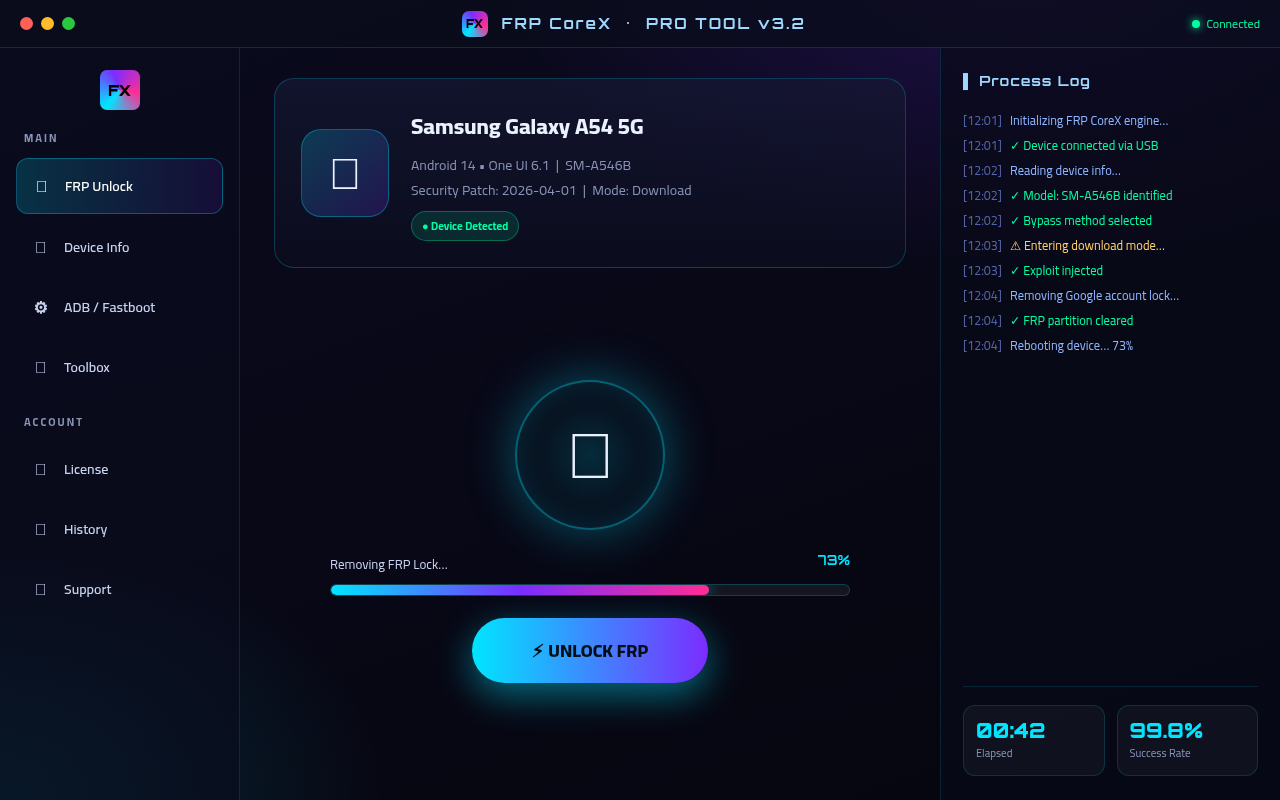 FRP CoreX Software Interface — Professional FRP Bypass Tool